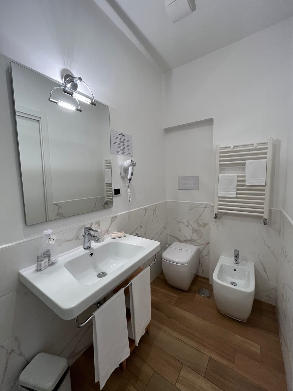 Shower, designer toiletries, hair dryer, bidet