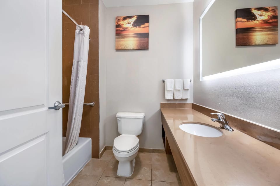 Combined shower/tub, free toiletries, hair dryer, towels