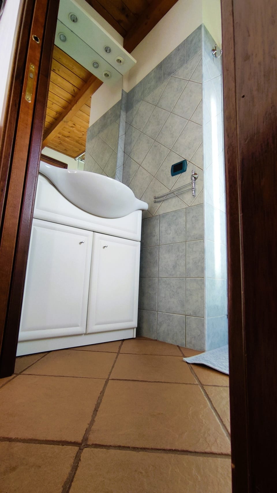 Shower, rainfall showerhead, hair dryer, bathrobes