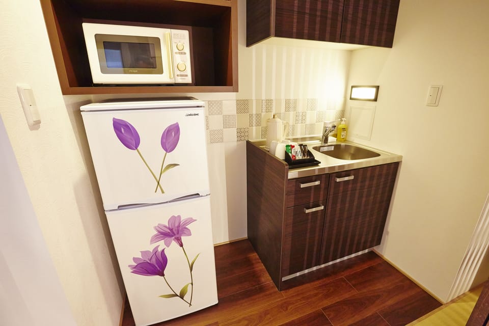 Fridge, microwave, electric kettle
