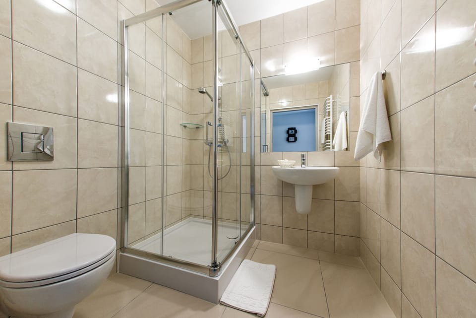 Shower, free toiletries, hair dryer, towels