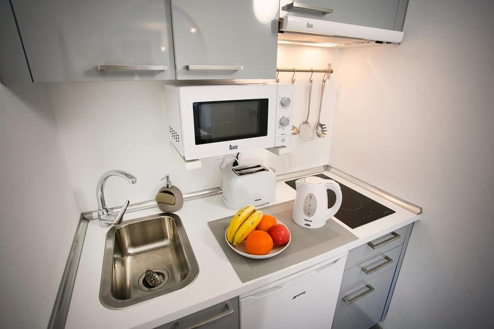 Fridge, microwave, stovetop, coffee/tea maker