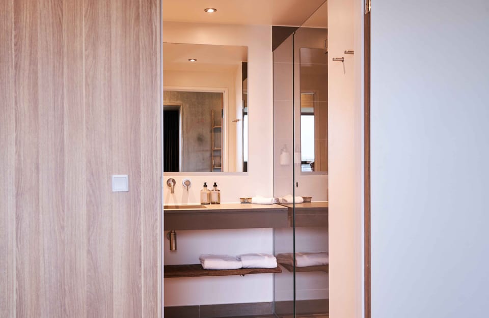 Shower, eco-friendly toiletries, hair dryer, towels