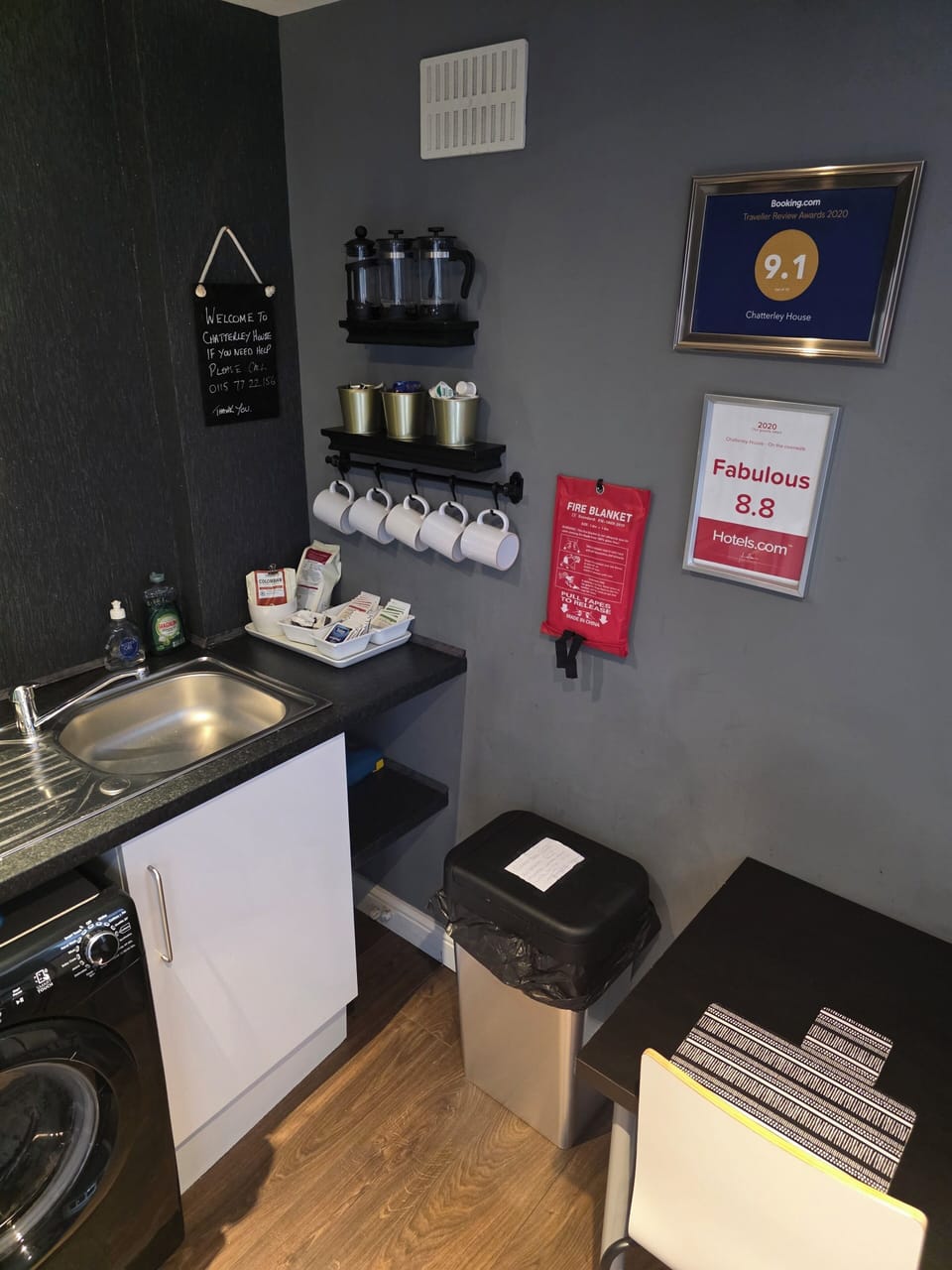 Fridge, microwave, coffee/tea maker, electric kettle