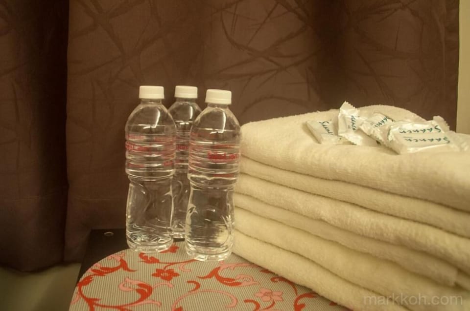 Shower, free toiletries, bidet, towels