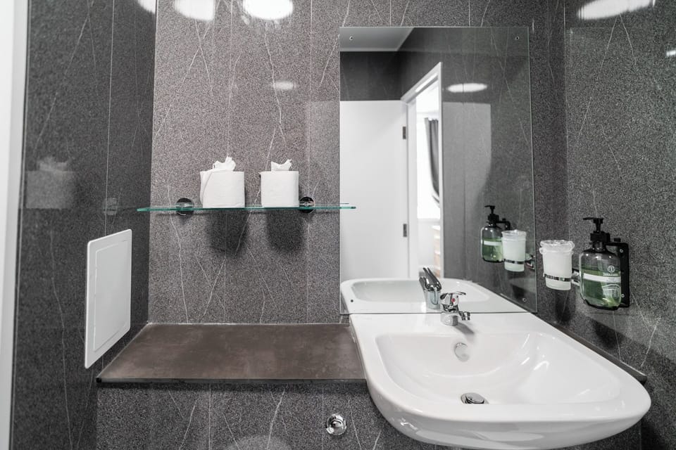 Shower, free toiletries, hair dryer, towels