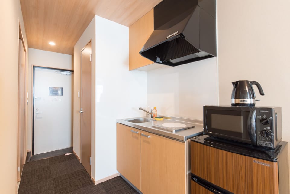 Fridge, microwave, stovetop, electric kettle