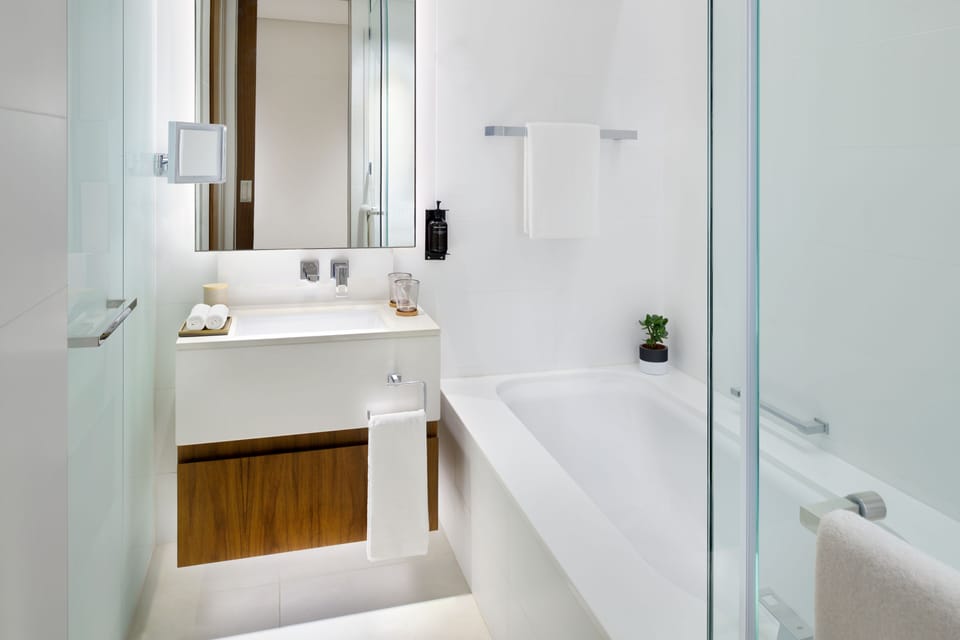 Combined shower/tub, free toiletries, hair dryer, bathrobes