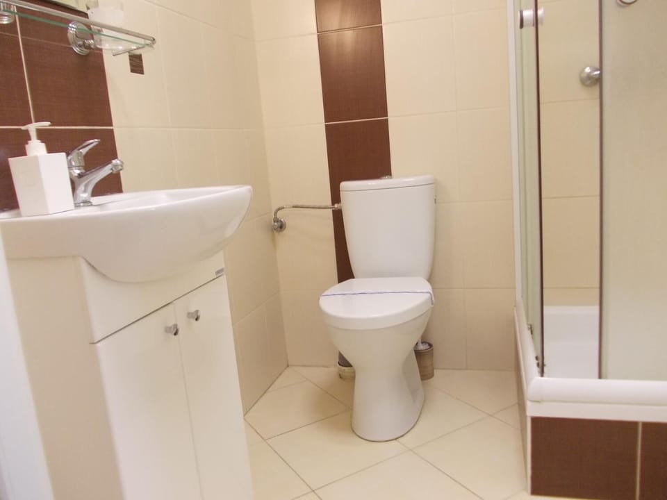 Shower, free toiletries, hair dryer, towels