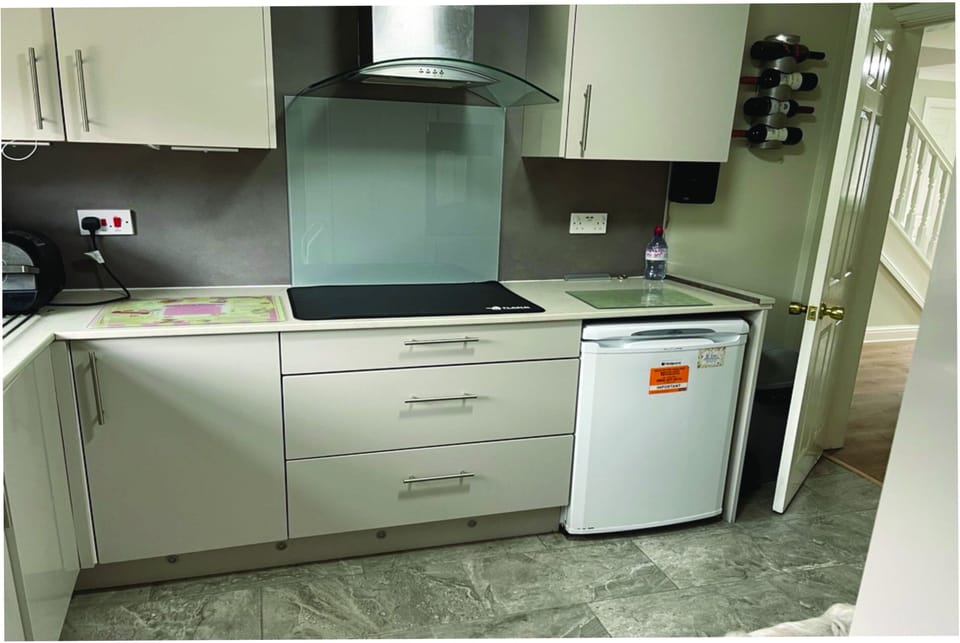 Mini-fridge, microwave, oven, stovetop