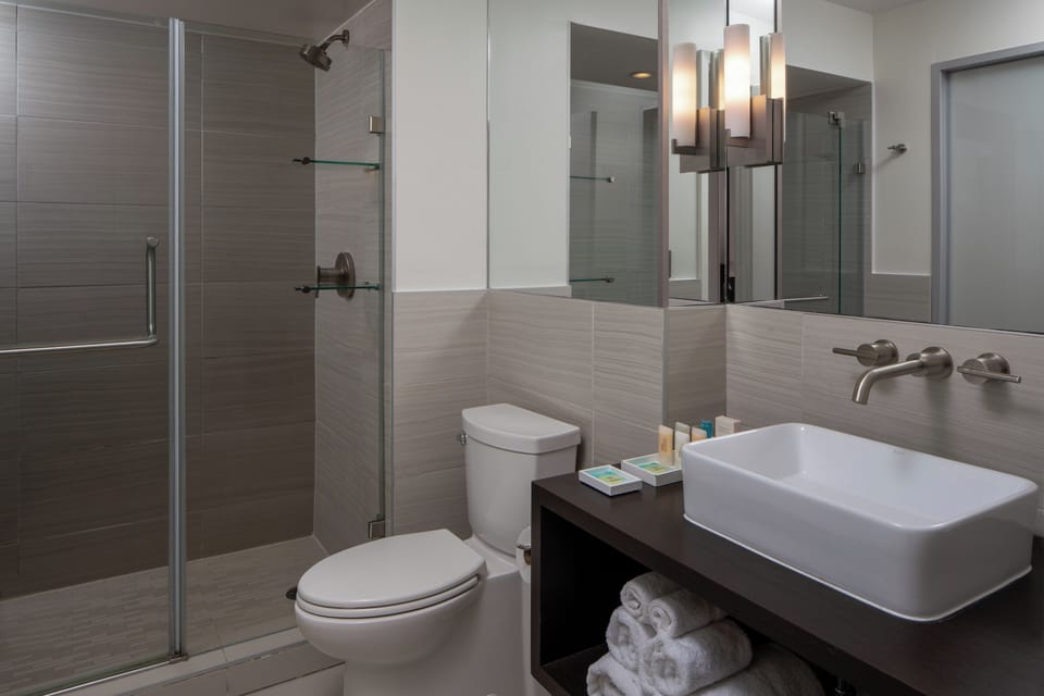Combined shower/tub, hair dryer, towels