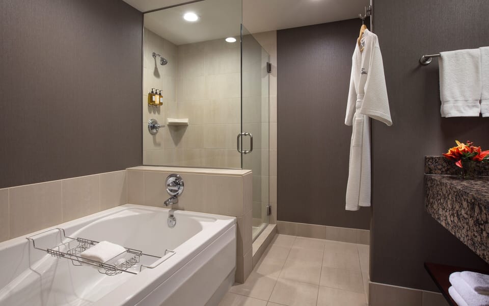 Designer toiletries, hair dryer, towels, soap