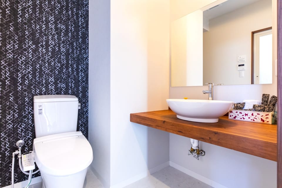 Separate tub and shower, hair dryer, slippers, bidet