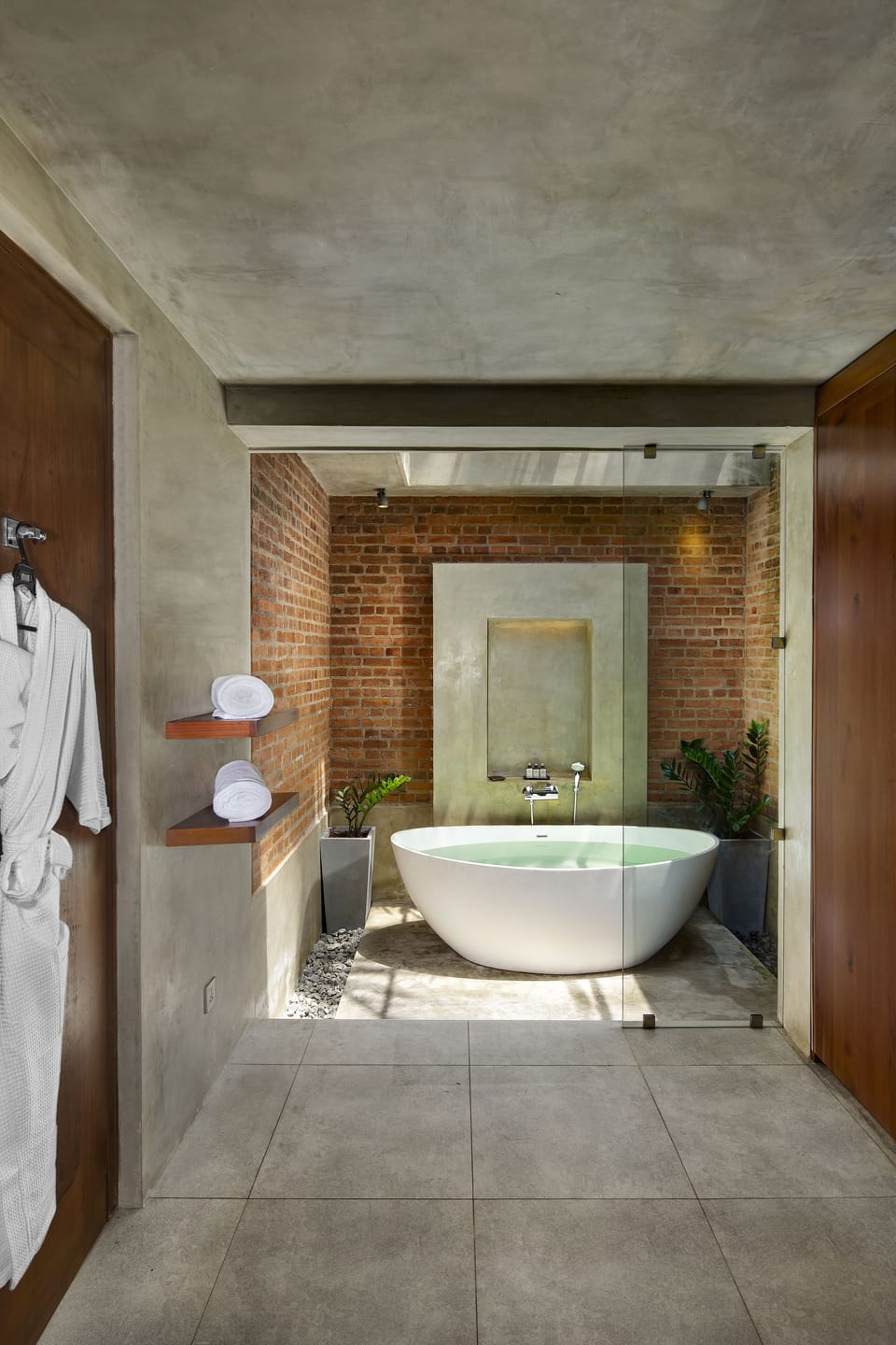 Shower, rainfall showerhead, bathrobes, slippers
