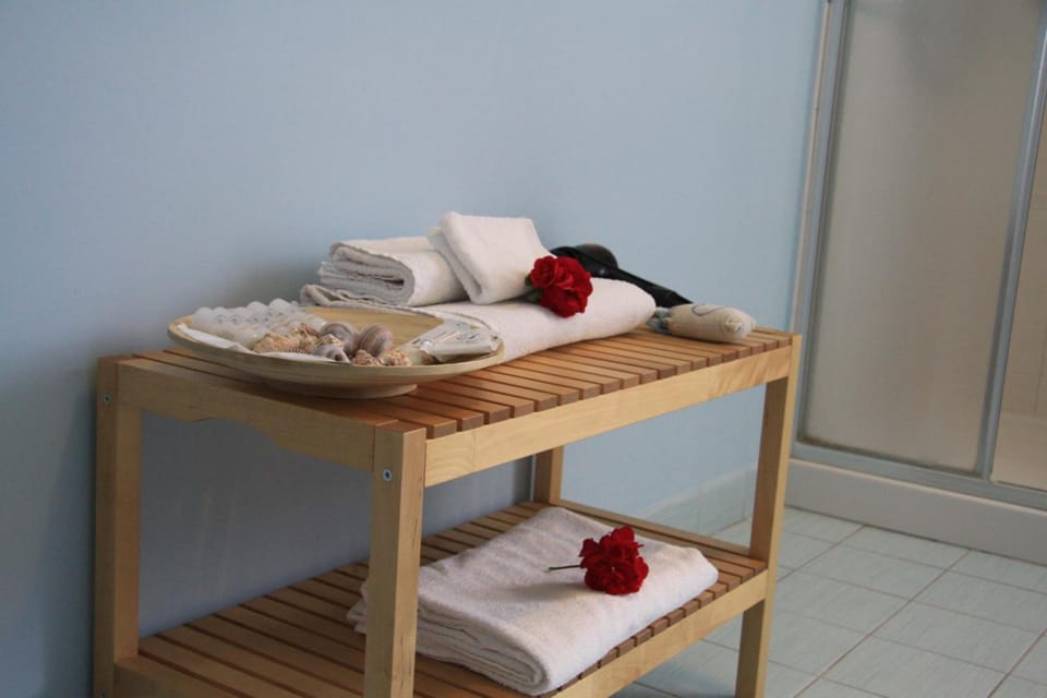 Shower, rainfall showerhead, free toiletries, hair dryer