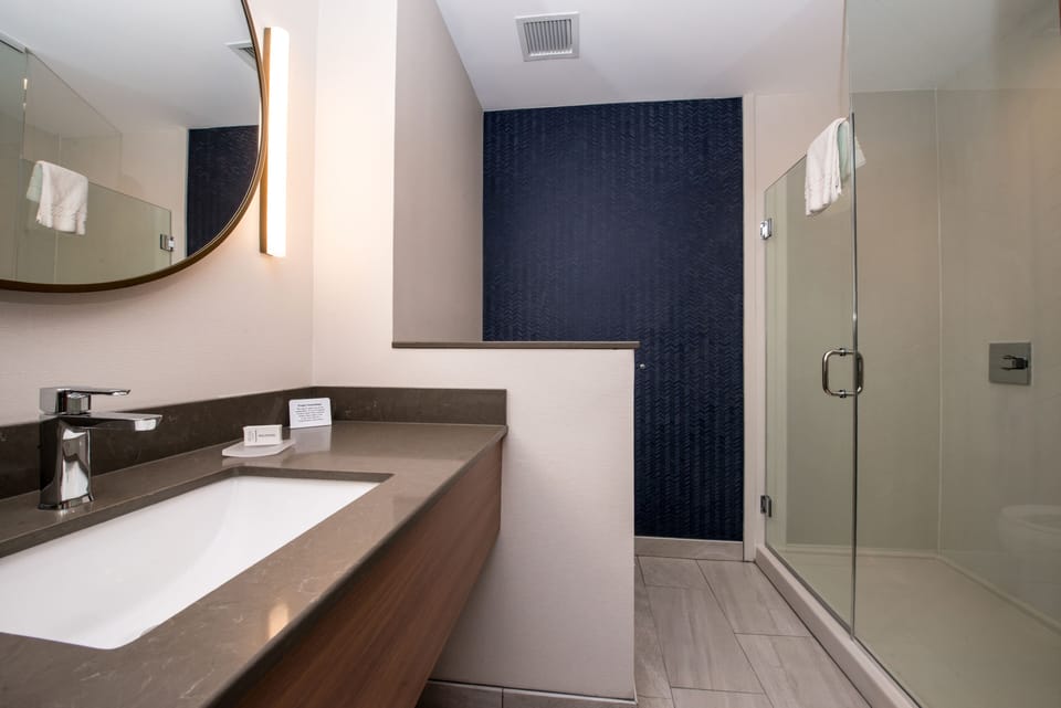 Combined shower/tub, free toiletries, hair dryer, towels