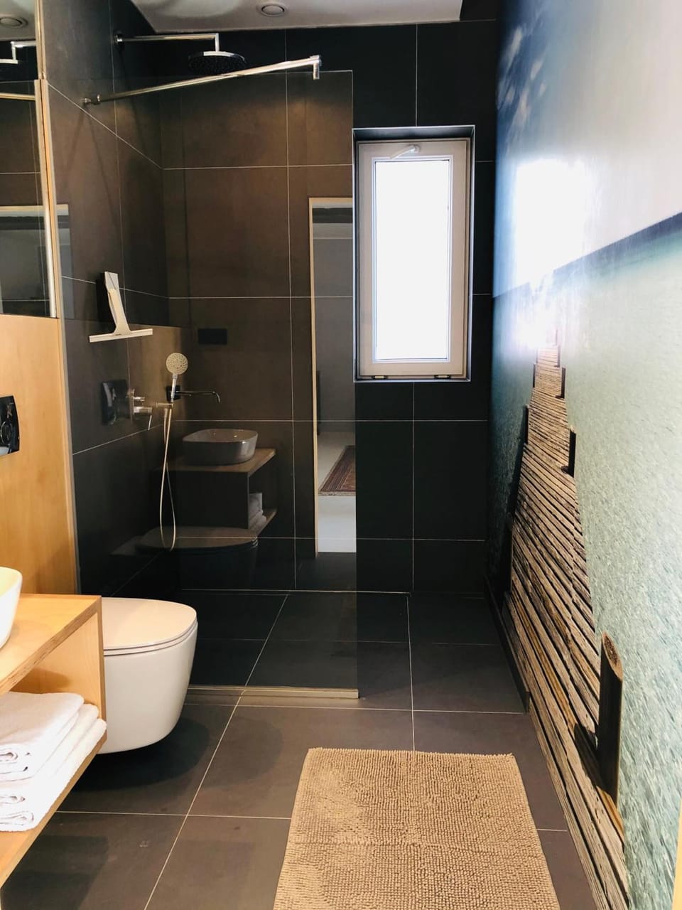 Shower, free toiletries, hair dryer, towels