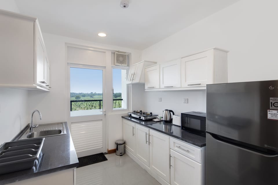 Full-size fridge, microwave, electric kettle, rice cooker