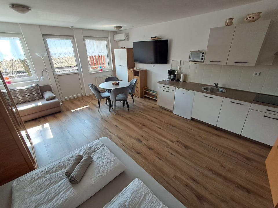 Comfort Apartment, Sauna, City View | Private kitchen | Full-size fridge, oven, stovetop, dishwasher