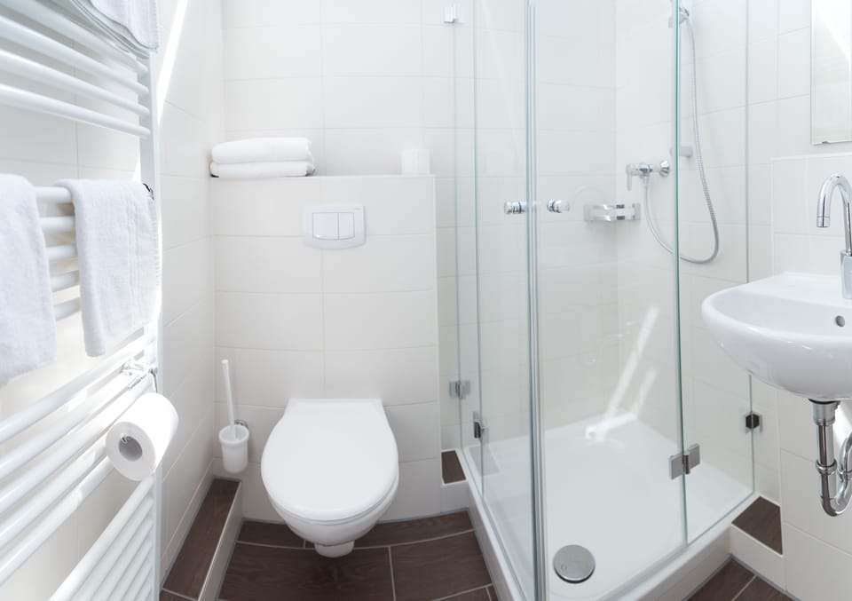 Shower, free toiletries, hair dryer, towels
