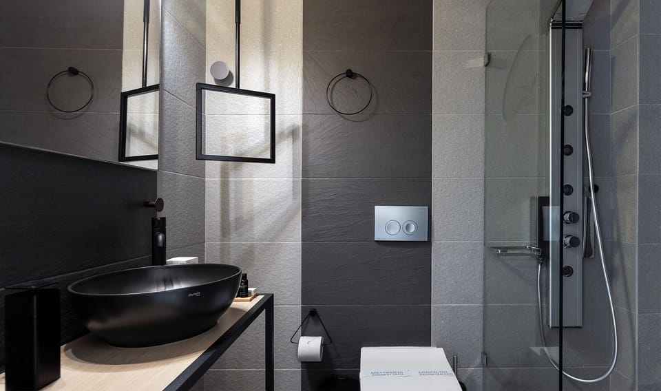 Shower, hydromassage showerhead, free toiletries, hair dryer