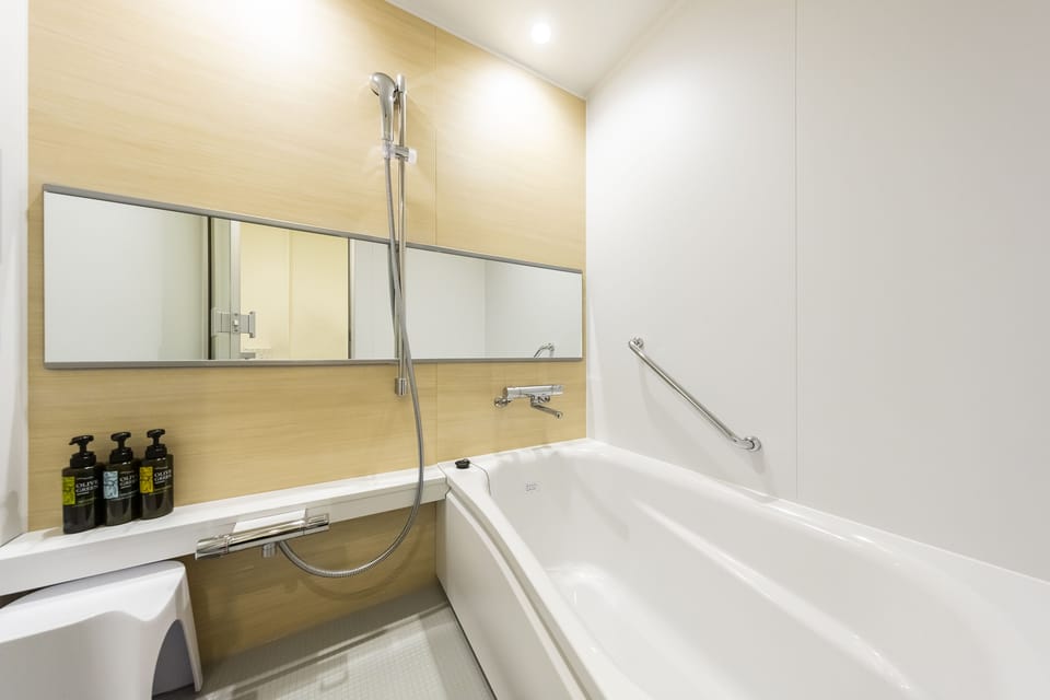 Eco-friendly toiletries, hair dryer, slippers, bidet