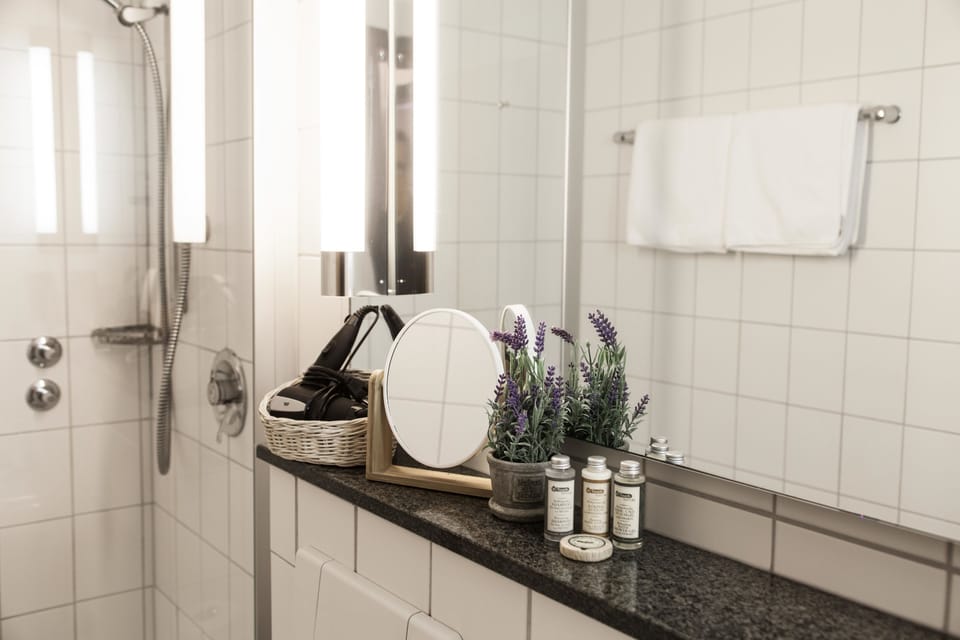 Hair dryer, towels, soap, shampoo