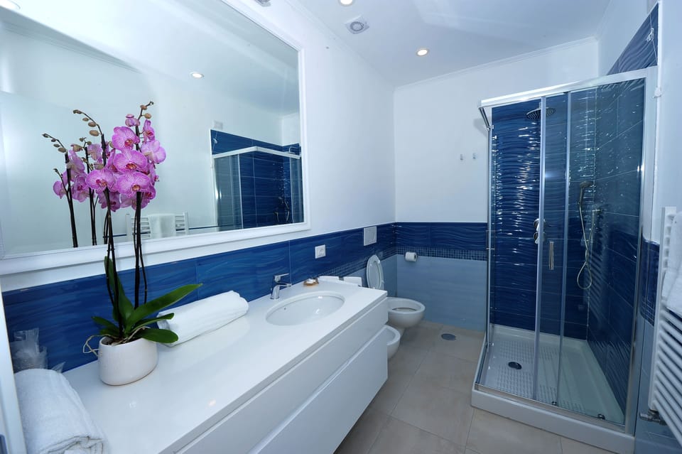 Shower, rainfall showerhead, free toiletries, hair dryer