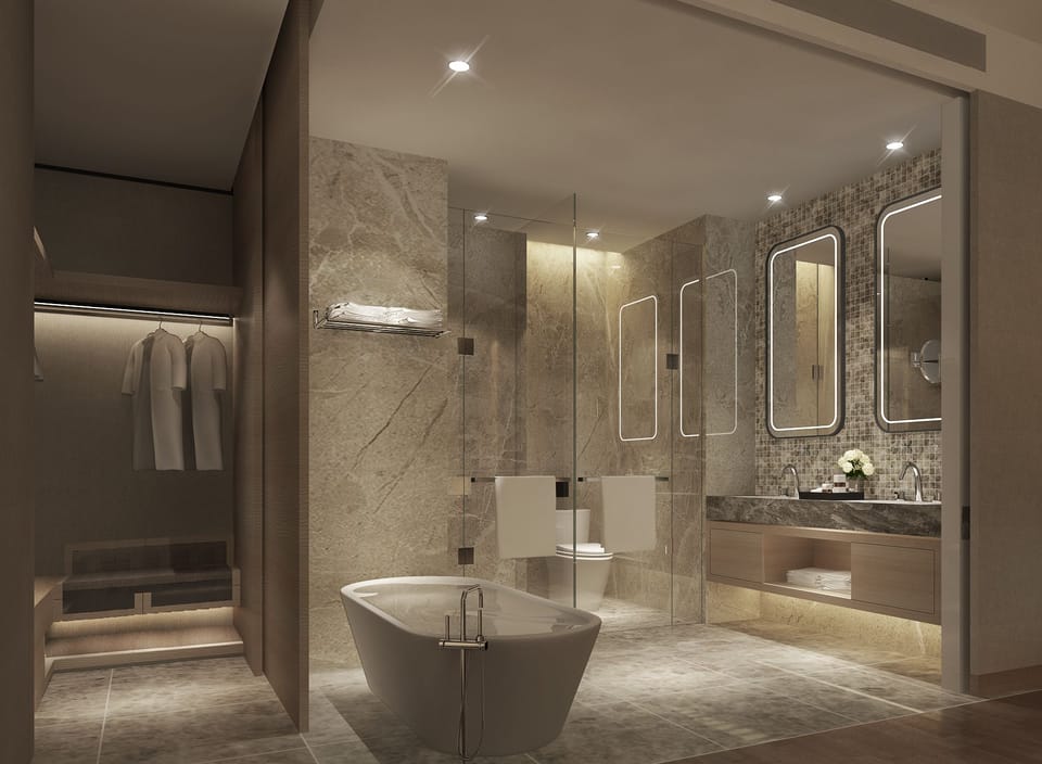 Separate tub and shower, rainfall showerhead, bathrobes, slippers