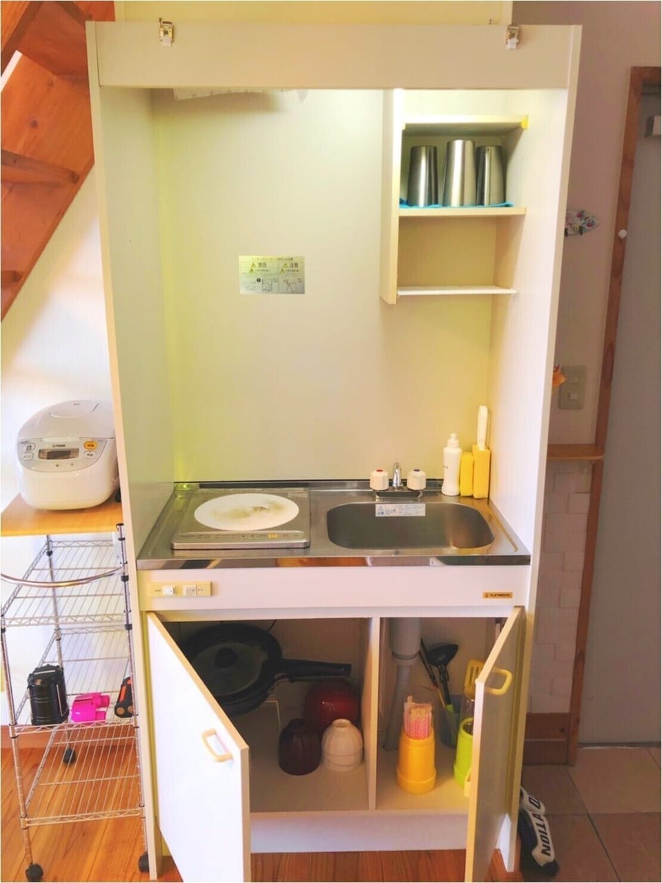 Mini-fridge, microwave, stovetop, rice cooker