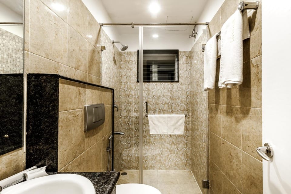 Shower, free toiletries, bidet, towels