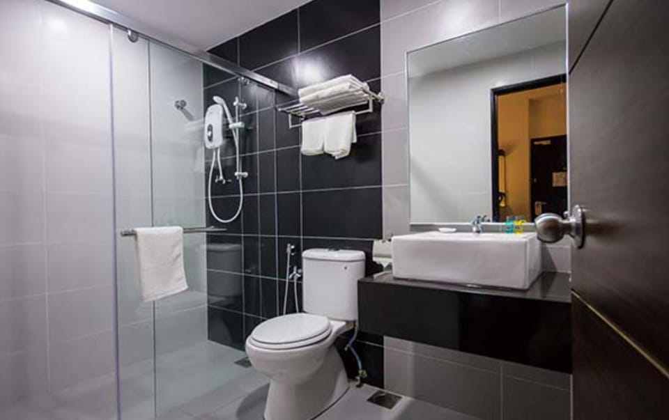 Shower, free toiletries, hair dryer, bidet