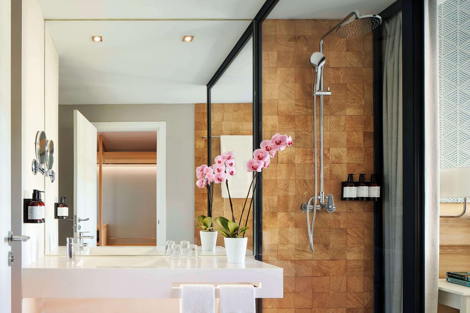 Eco-friendly toiletries, hair dryer, bathrobes, towels