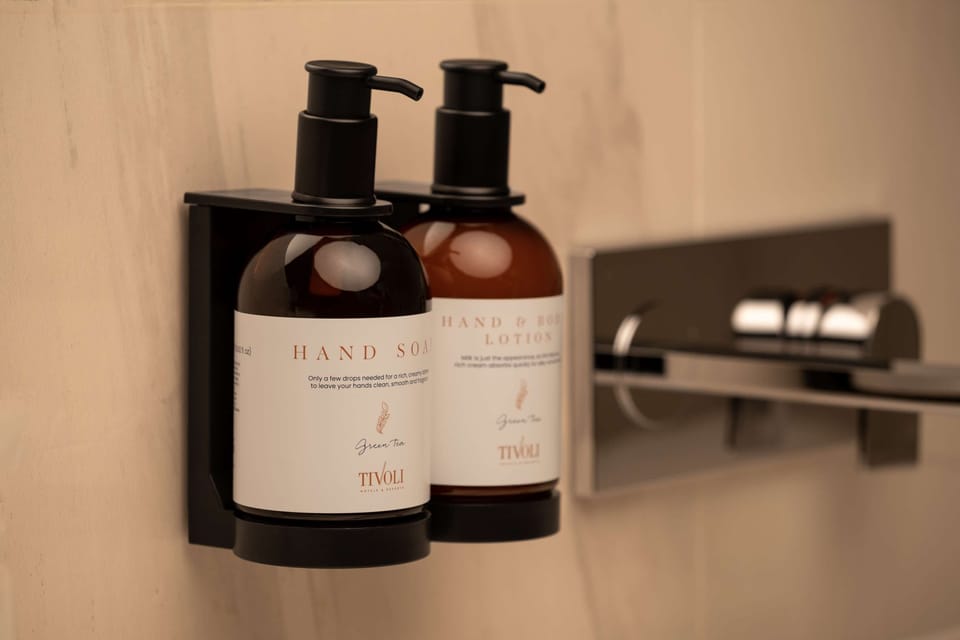 Eco-friendly toiletries, hair dryer, bathrobes, towels