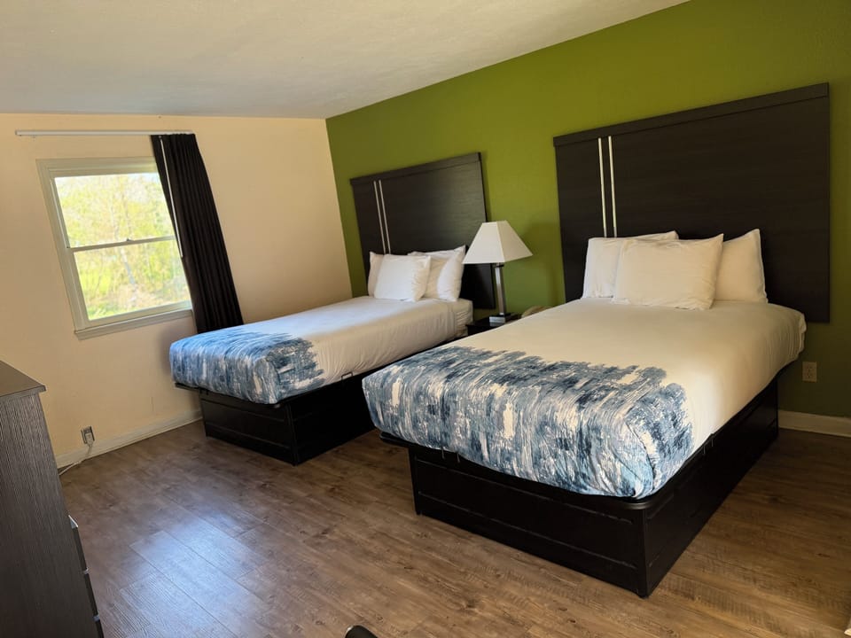 Standard Room, 2 Double Beds, Non Smoking | Desk, laptop workspace, blackout drapes, iron/ironing board