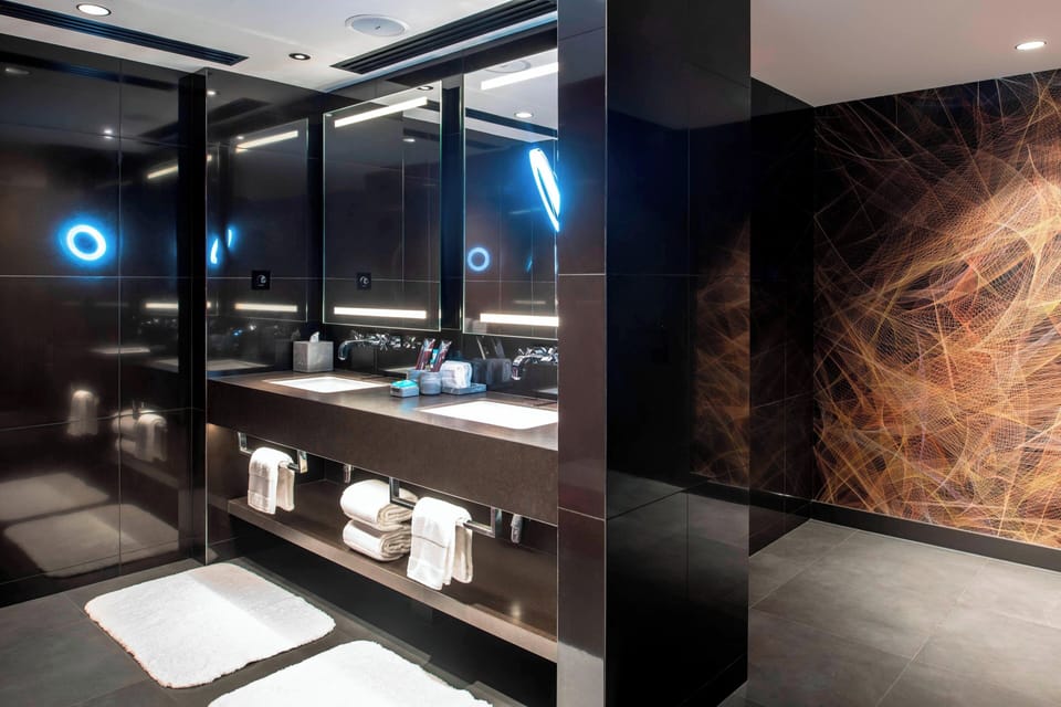 Separate tub and shower, free toiletries, hair dryer, bathrobes
