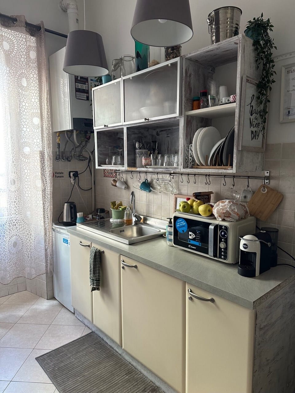 Mini-fridge, microwave, electric kettle