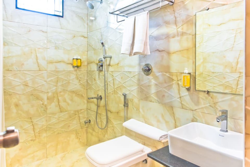Shower, free toiletries, hair dryer, towels