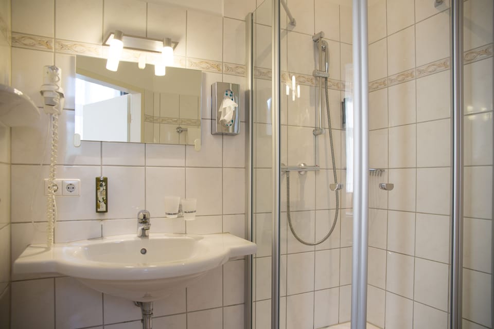 Shower, hair dryer, towels