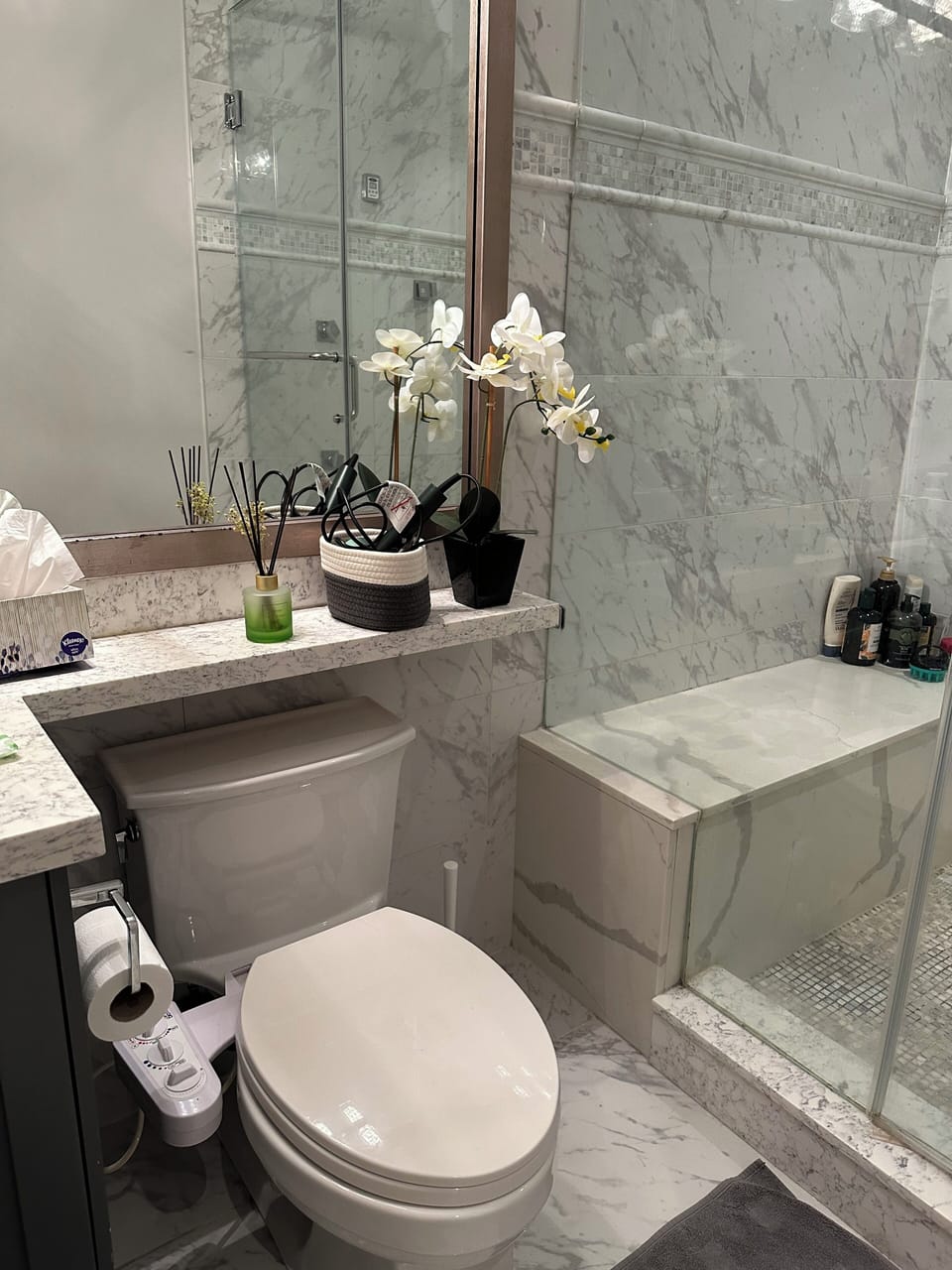 Slippers, towels, soap, toilet paper