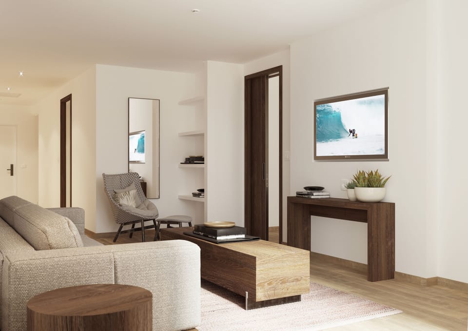 Flat-screen TV, foosball, books