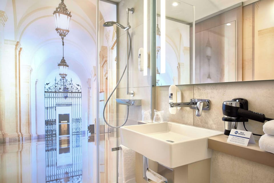 Eco-friendly toiletries, hair dryer, towels