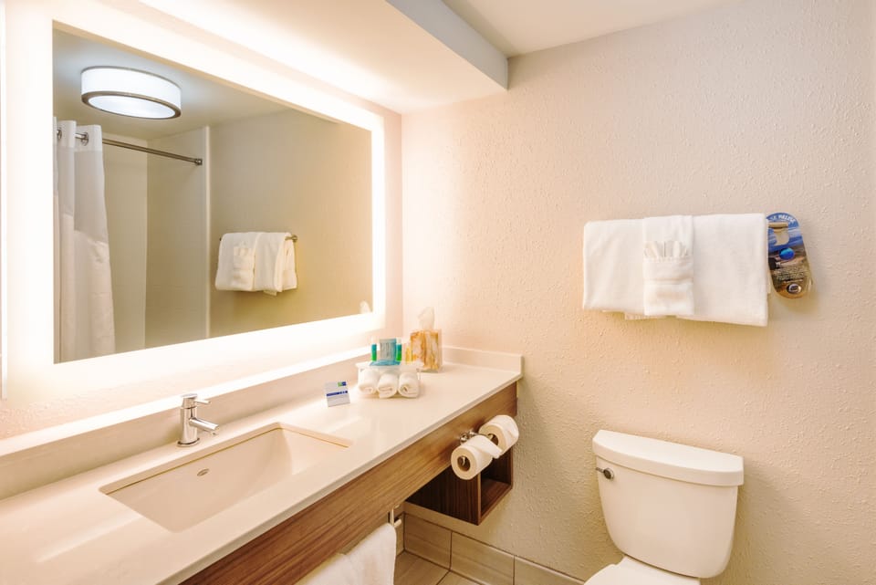 Combined shower/tub, free toiletries, hair dryer, towels