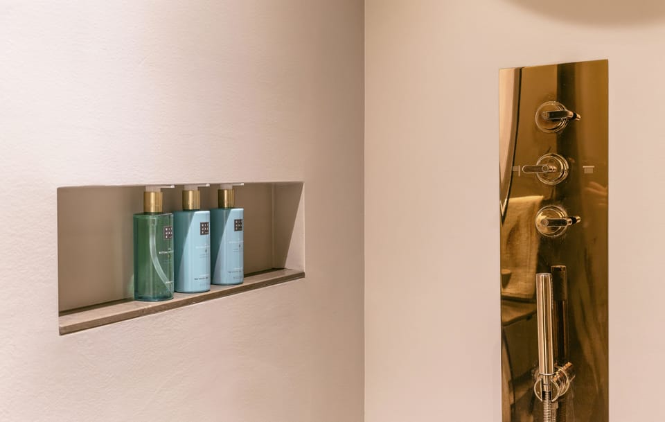 Designer toiletries, hair dryer, towels