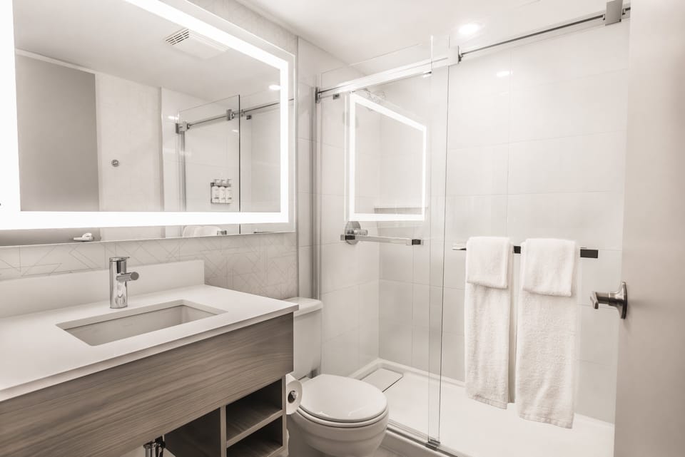 Shower, free toiletries, hair dryer, towels
