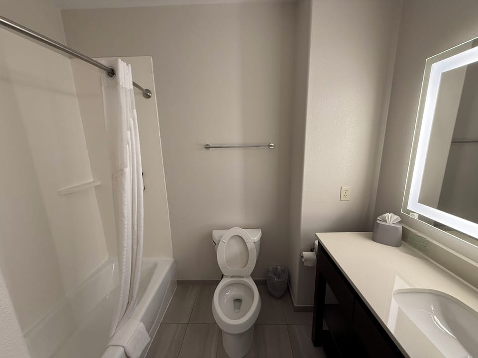 Combined shower/tub, free toiletries, hair dryer, towels