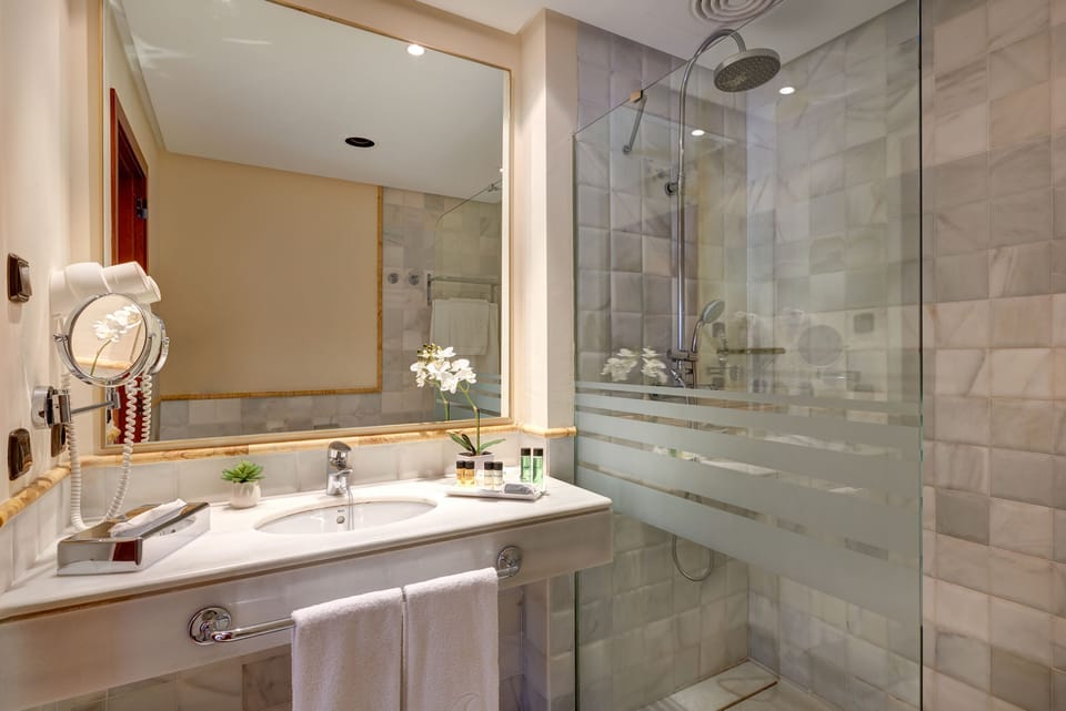Combined shower/tub, free toiletries, hair dryer, towels