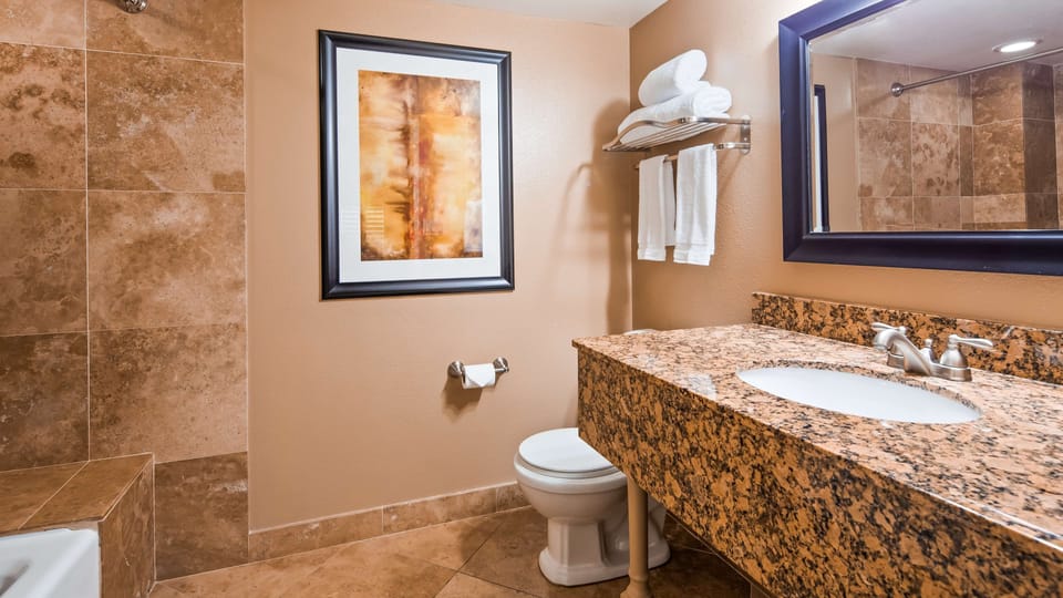 Suite, 1 King Bed, Non Smoking, Refrigerator | Bathroom | Free toiletries, hair dryer, towels, soap