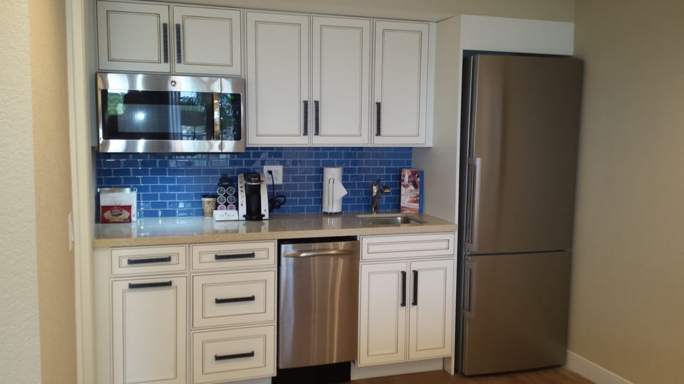 Fridge, microwave, coffee/tea maker, freezer