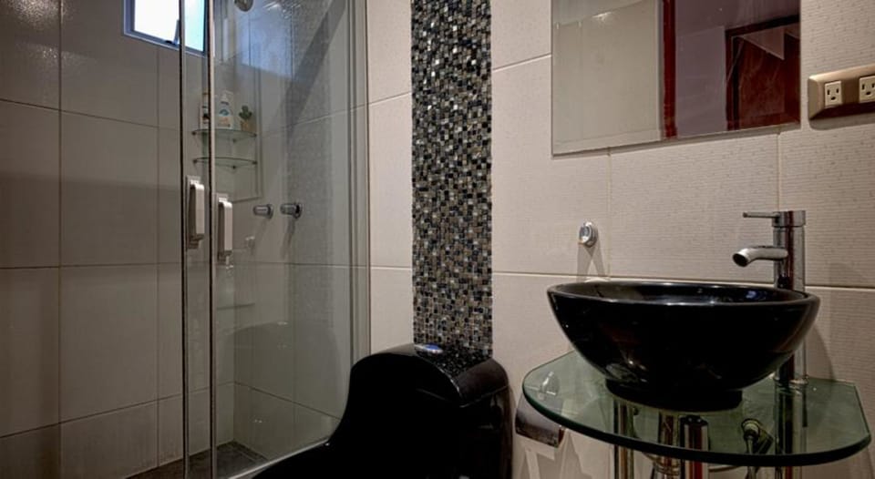 Shower, free toiletries, hair dryer, towels